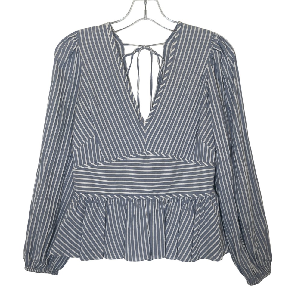 White House‎ Black Market Top Blue Striped V-Neck Peplum Blouse Tie Back Size 6